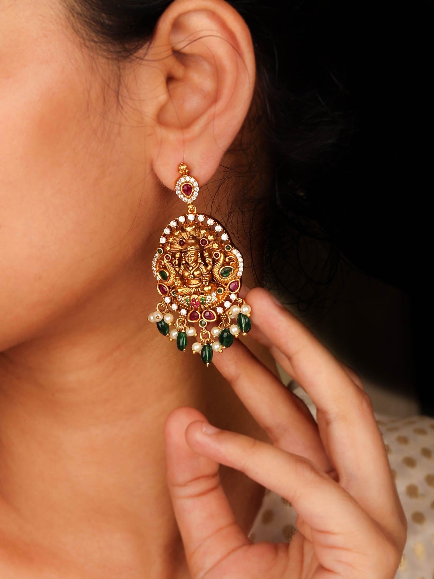 Luxurious Nakshi Goddess Lakshmi Earrings with Pearls and Green Beads