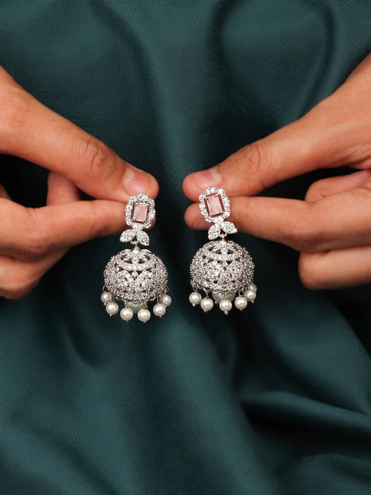 Blush Pink Stone Rhodium Plated Jhumka Earring For Women