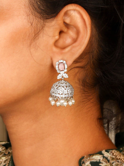 Blush Pink Stone Rhodium Plated Jhumka Earring For Women