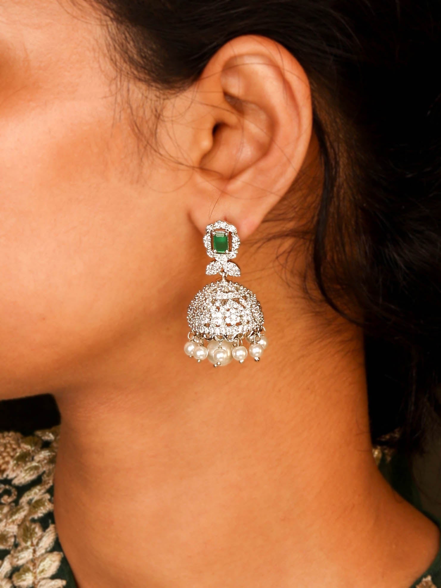 Elegant Rhodium Plated Emerald Green Stone Jhumka Earring For Women