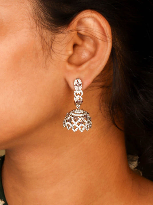 Stylish Rhodium Plated CZ Jhumka Earrings For Women