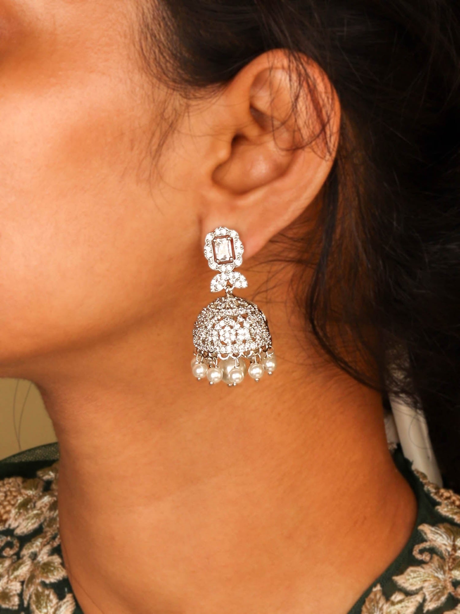 Beautiful Rhodium Plated White CZ Jhumka Earring For Women