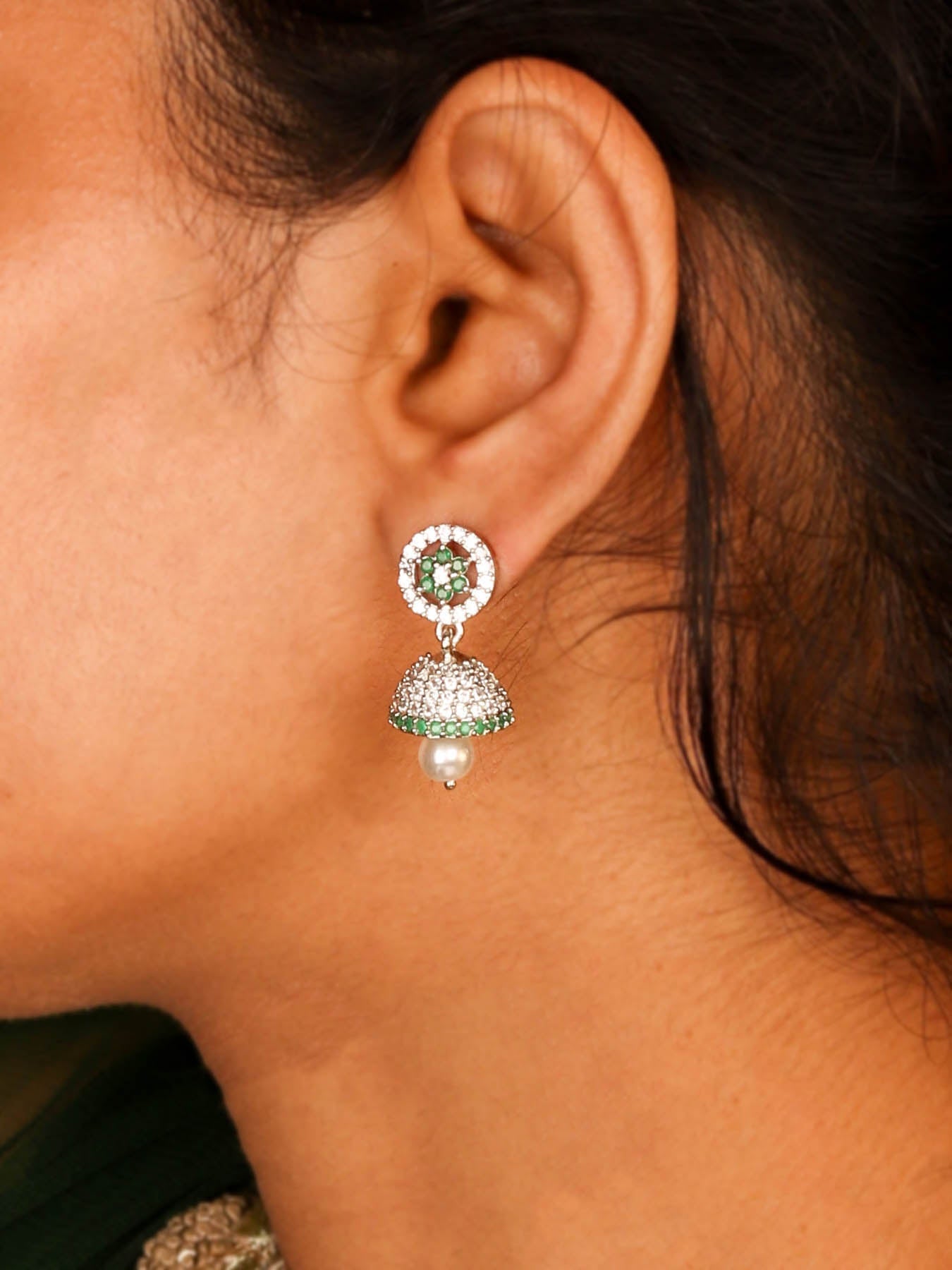 Elegant Emerald Green Flower Shaped Jhumka with Pearl Earring For Women