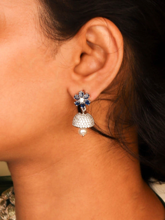 Classy Blue Flower Rhodium Plated Jhumka Earring with Pearl For Women