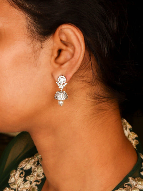 Chic Rhodium Plated White CZ Jhumka With Hanging Pearl Earring For Women