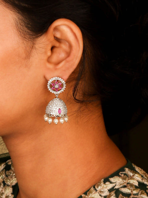 Luminous Magenta and White CZ Rhodium Plated Jhumka Earrings For Women