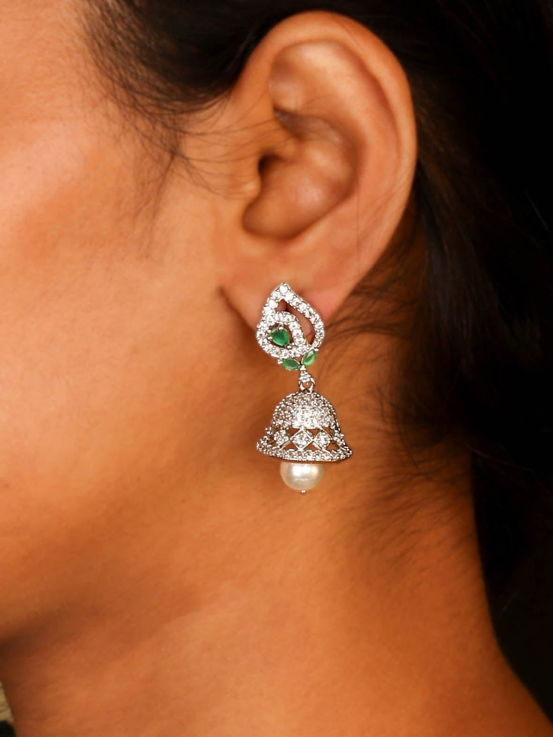 Delicate Emerald Green Jhumka with Hanging Pearl Earring For Women