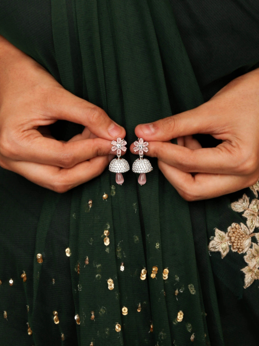 Blush Pink Flower Shape Jhumka With Dop Stone Earring For Women