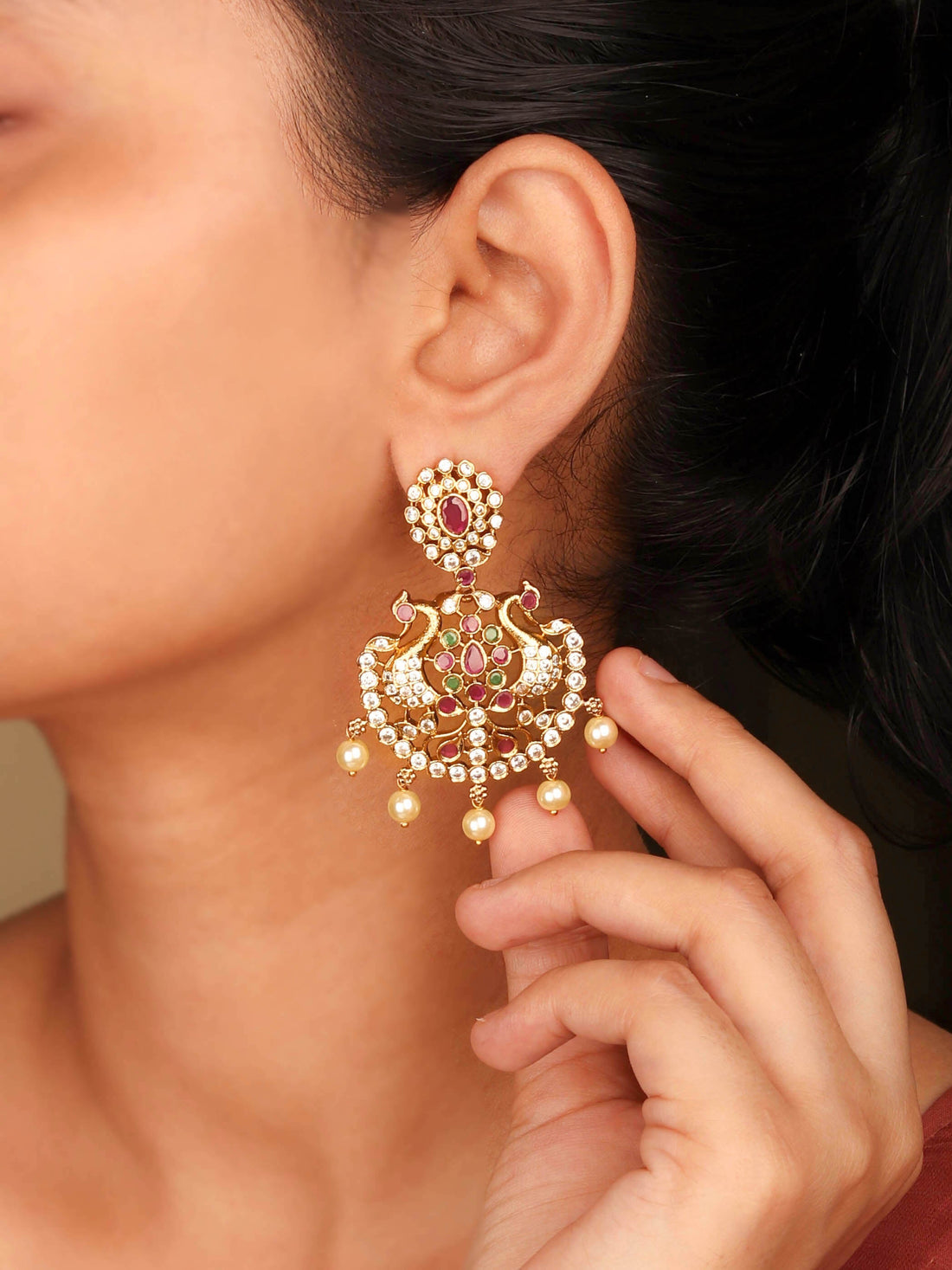 Precious Gold Plated Peacock Inspired Multi Stone Earring For Women