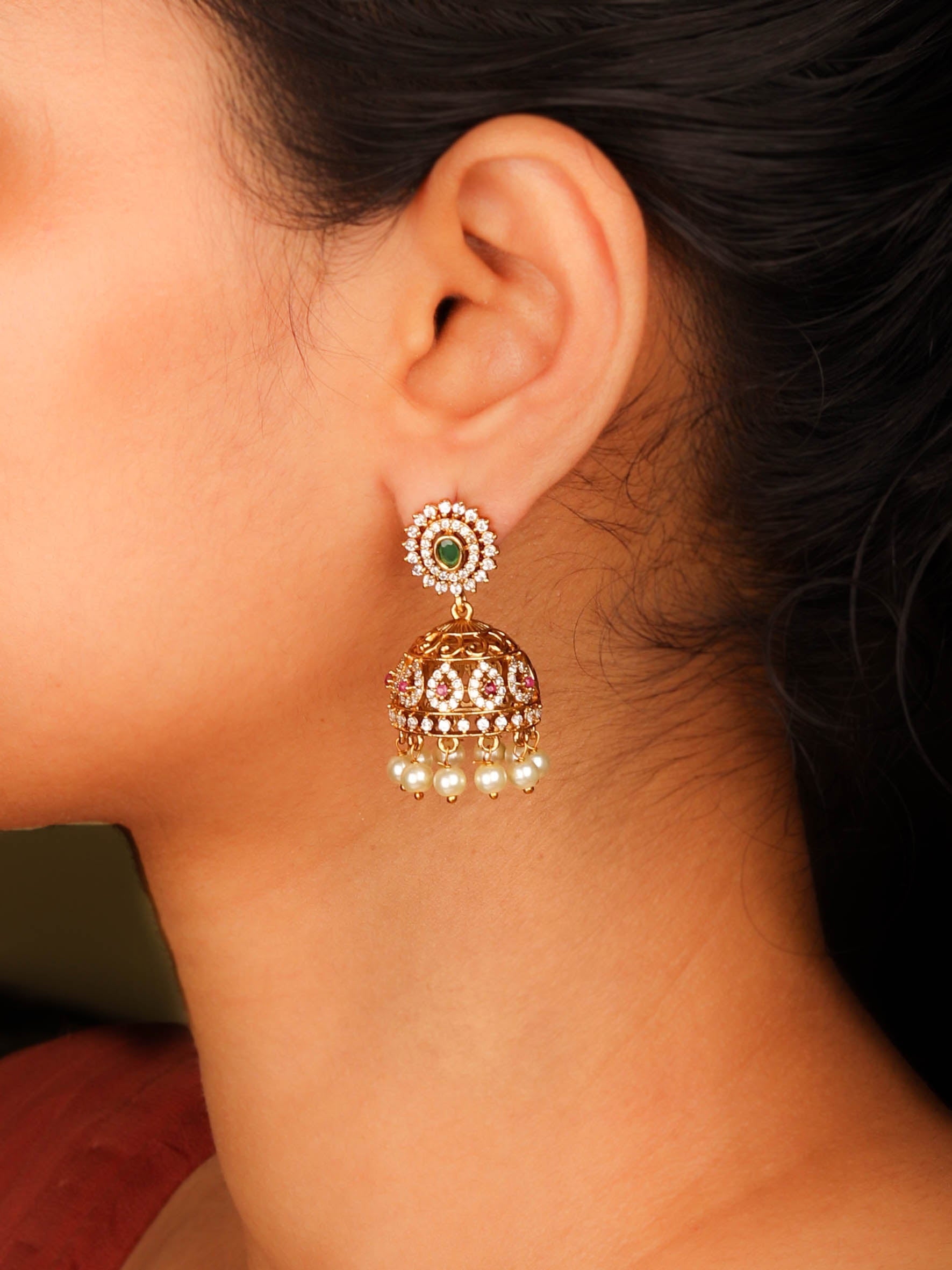 Exquisite 24k Gold-plated Matte Temple Jhumka Earrings With Ad Stones and Pearls