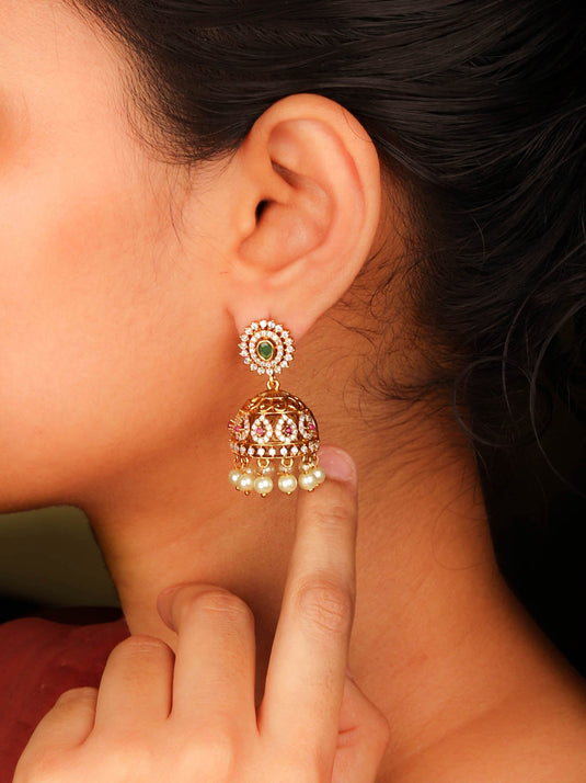 Exquisite 24k Gold-plated Matte Temple Jhumka Earrings With Ad Stones and Pearls