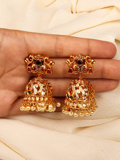 Traditional Gold Plated Kemp Stone Dancing Peacock Inspired Earrings