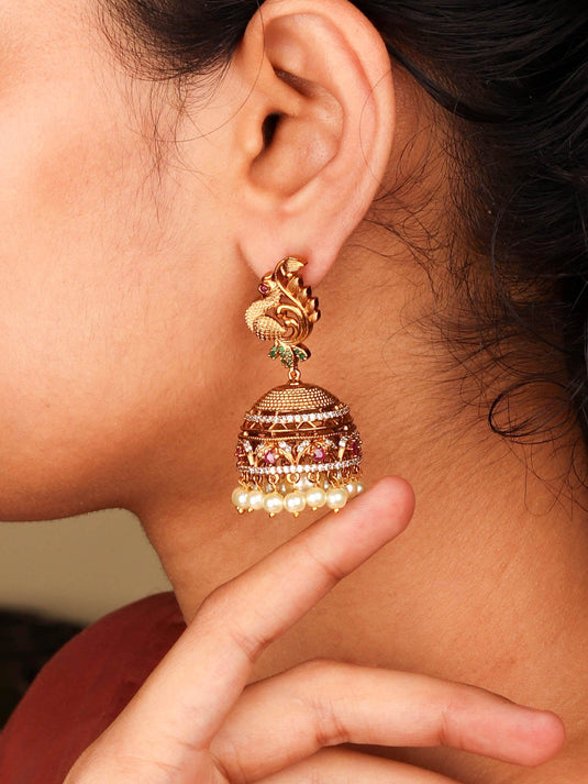 24K Gold Plated Luxurious Peacock Style Inspired South Indian Jhumka With Pearls