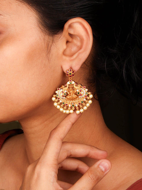 Divine Matte Gold Plated Temple Multi Stone Earring For Women