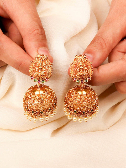 24K Gold Plated Temple Design with Kemp Stone Jhumka Earrings For Women