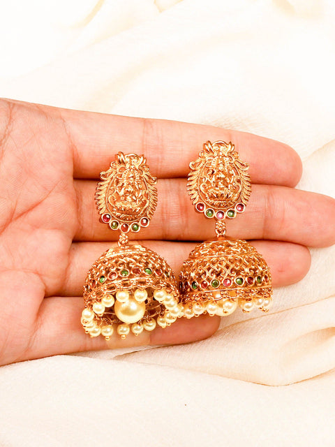 24K Gold Plated Temple Design with Kemp Stone Jhumka Earrings For Women