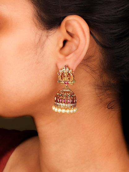 24K Gold Plated Nakshi Style South Indian Jhumka With Pearl And Multi Color Stones