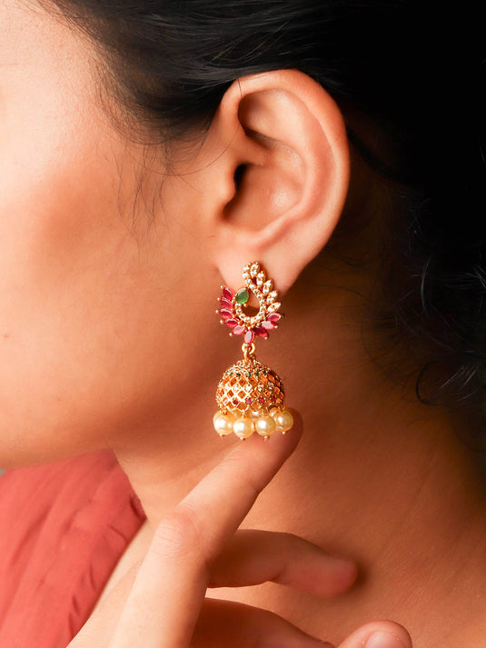 Gold Plated Peacock Style Jhumka With Red and Green Colour CZ Stones for Women