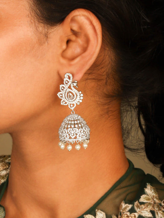 Enchanted Rhodium Plated Beautiful Peacock Inspired Jhumka With CZ Stones and Pearls for Women