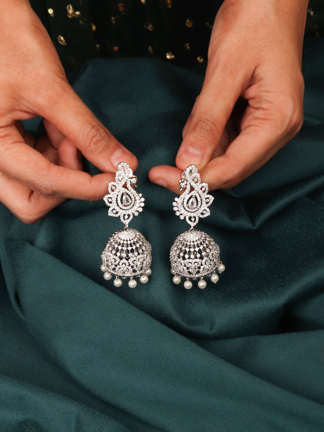 Enchanted Rhodium Plated Beautiful Peacock Inspired Jhumka With CZ Stones and Pearls for Women