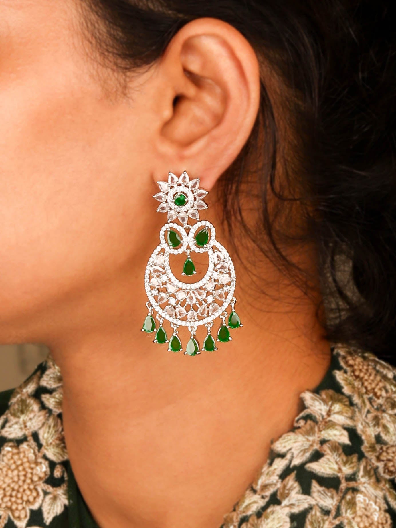 Dazzling Party Wear Earrings With Emerald Green Color Stones For Womens