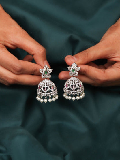 Exclusive Rhodium Plated Flower Shaped Jhumka Studded With CZ Stones