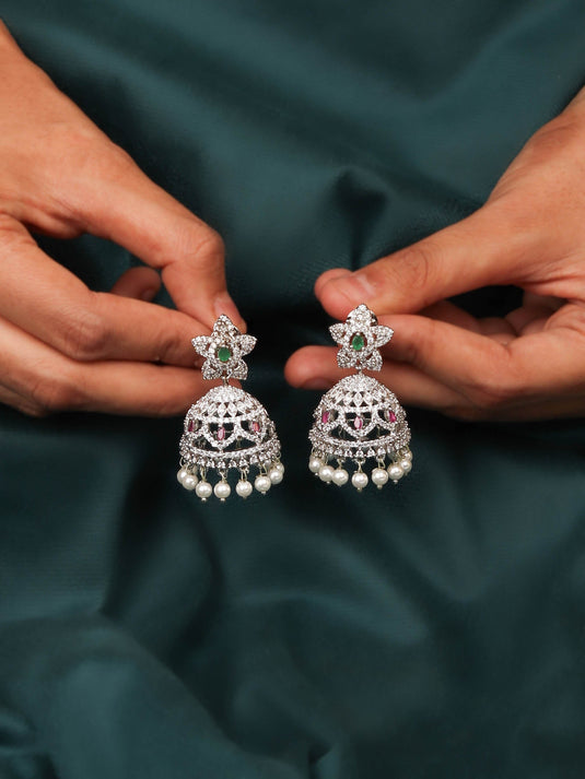 Exclusive Rhodium Plated Flower Shaped Jhumka Studded With CZ Stones