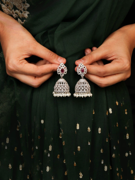 Sparkling Rhodium Plated Jhumka Embellished With White and Ruby CZ Stones for Women