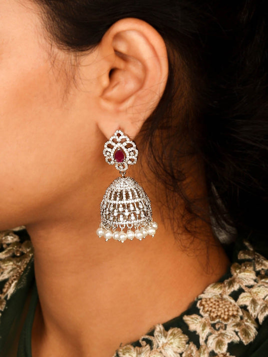 Sparkling Rhodium Plated Jhumka Embellished With White and Ruby CZ Stones for Women