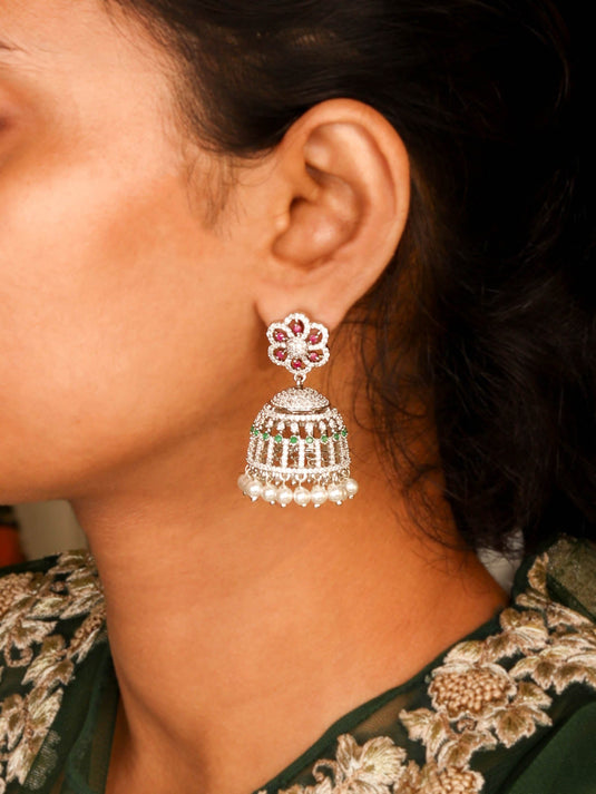 Floral Inspired Rhodium Plated White Dome Shaped Jhumka With Pink and White CZ Stones