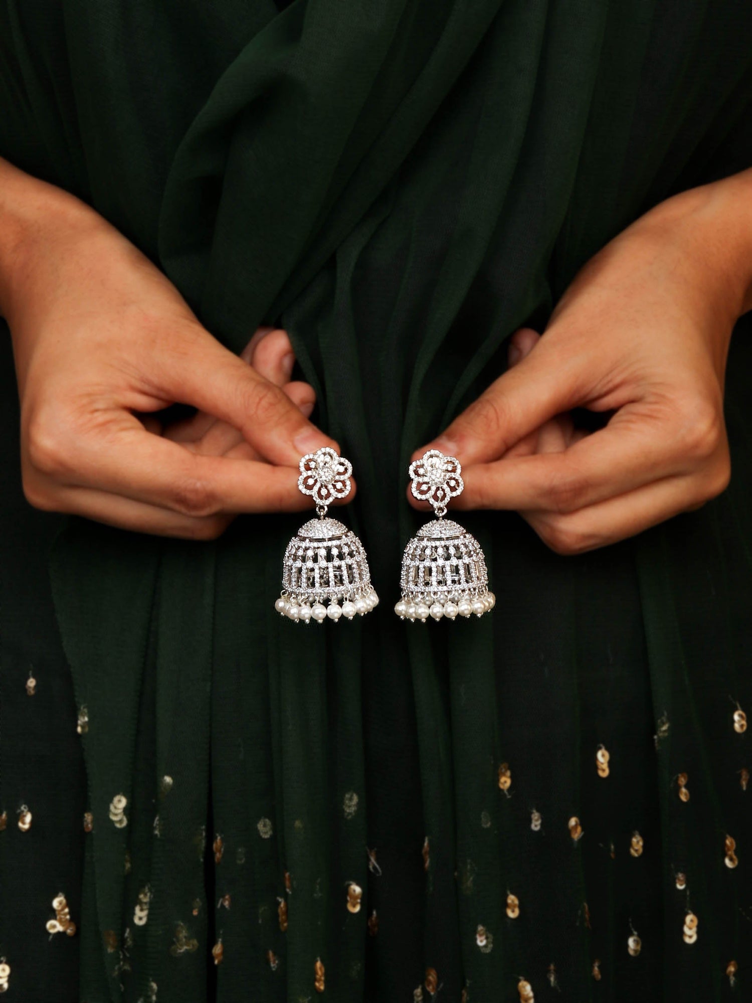 Floral Inspired Rhodium Plated White Dome Shaped Jhumka with CZ Stone