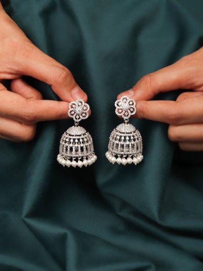 Floral Inspired Rhodium Plated White Dome Shaped Jhumka with CZ Stone