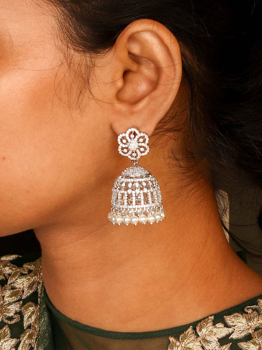 Floral Inspired Rhodium Plated White Dome Shaped Jhumka with CZ Stone