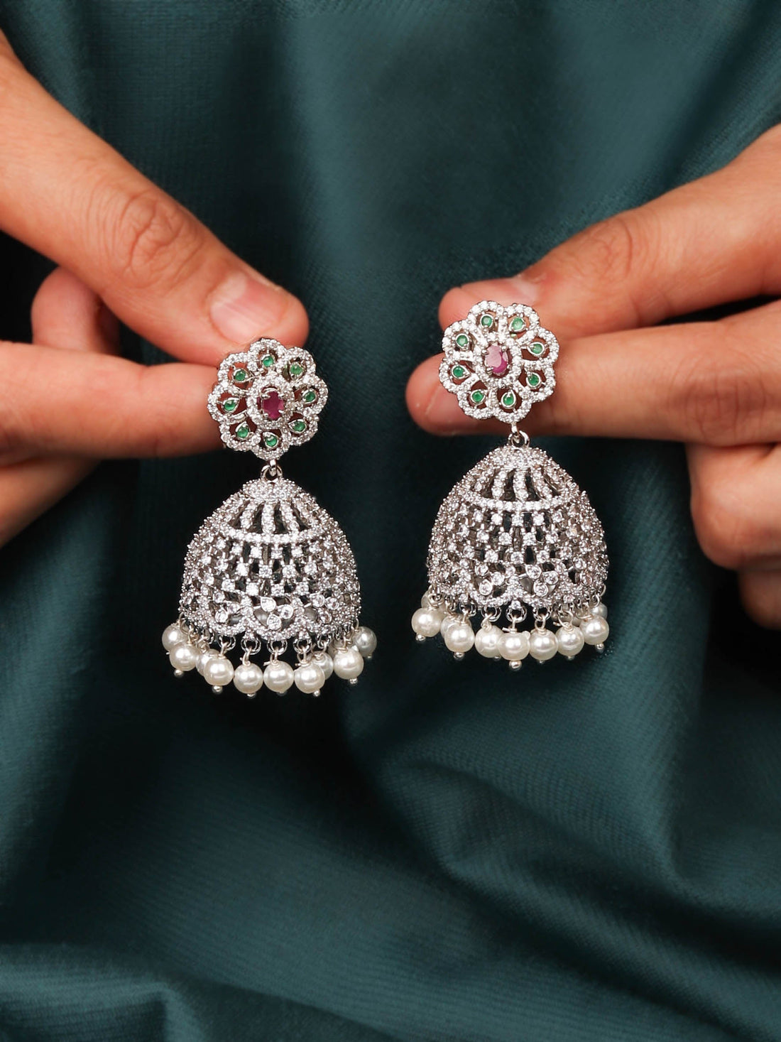 Floral Inspired Rhodium Plated White Dome Shaped Jhumka With Multi Colour CZ Stones