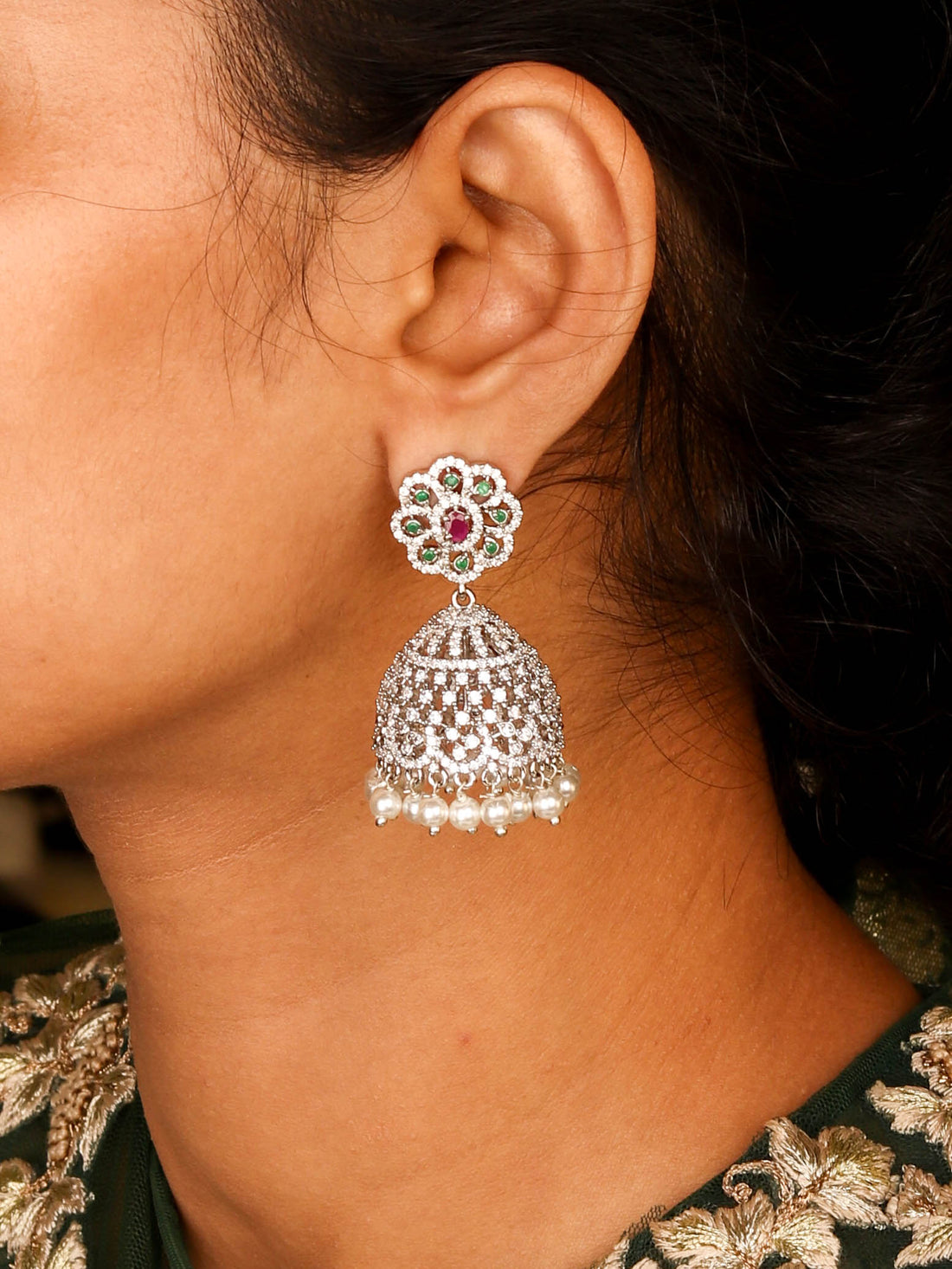 Floral Inspired Rhodium Plated White Dome Shaped Jhumka With Multi Colour CZ Stones