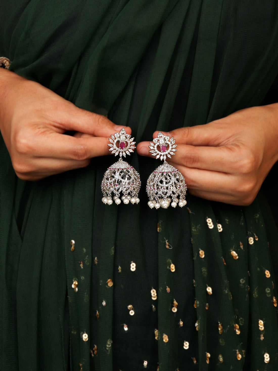 Elegant Rhodium Plated Jhumkas With Ruby Stones and Pearls for Women