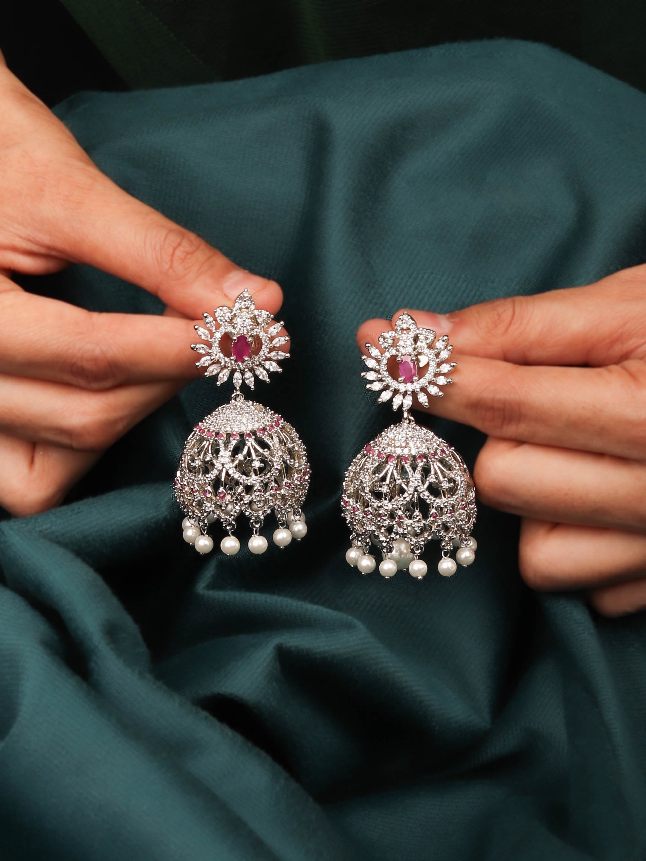 Elegant Rhodium Plated Jhumkas With Ruby Stones and Pearls for Women