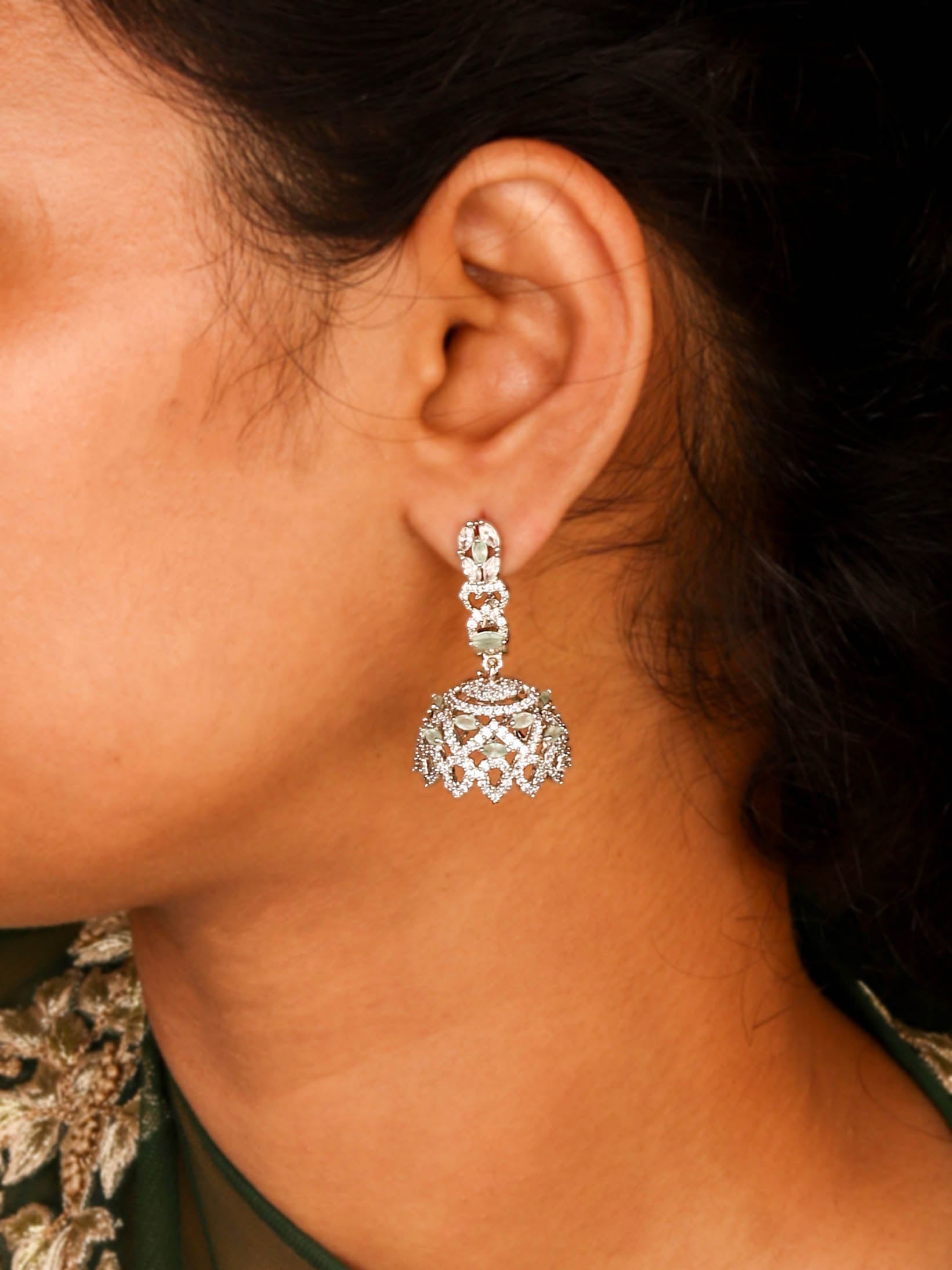 Stunning Rhodium Plated Jhumkas With White CZ Stones for Women