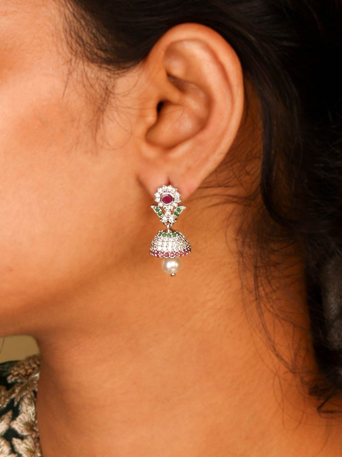 Rhodium Plated Premium Mini Jhumka With Pink And Green Stones With Pearl For Women