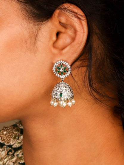 Exquisite Emerald Green and White CZ Rhodium Plated Jhumka Earrings For Women