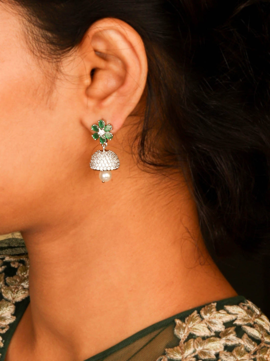 Sleek Emerald Stone Rhodium Plated With Hanging Pearl Jhumka For Women