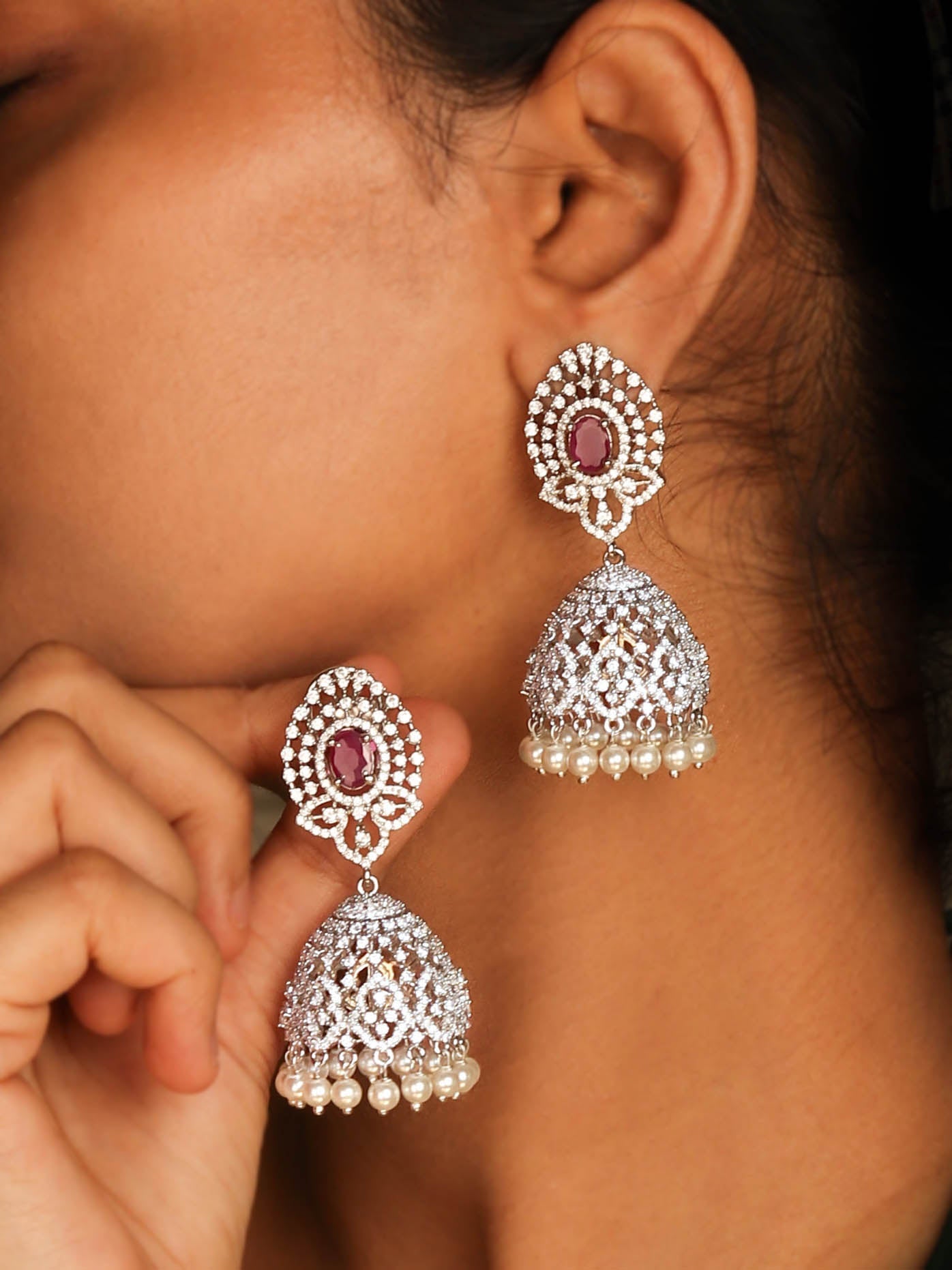 Ruby Color CZ Stones Jhumka Rhodium Plated For Women