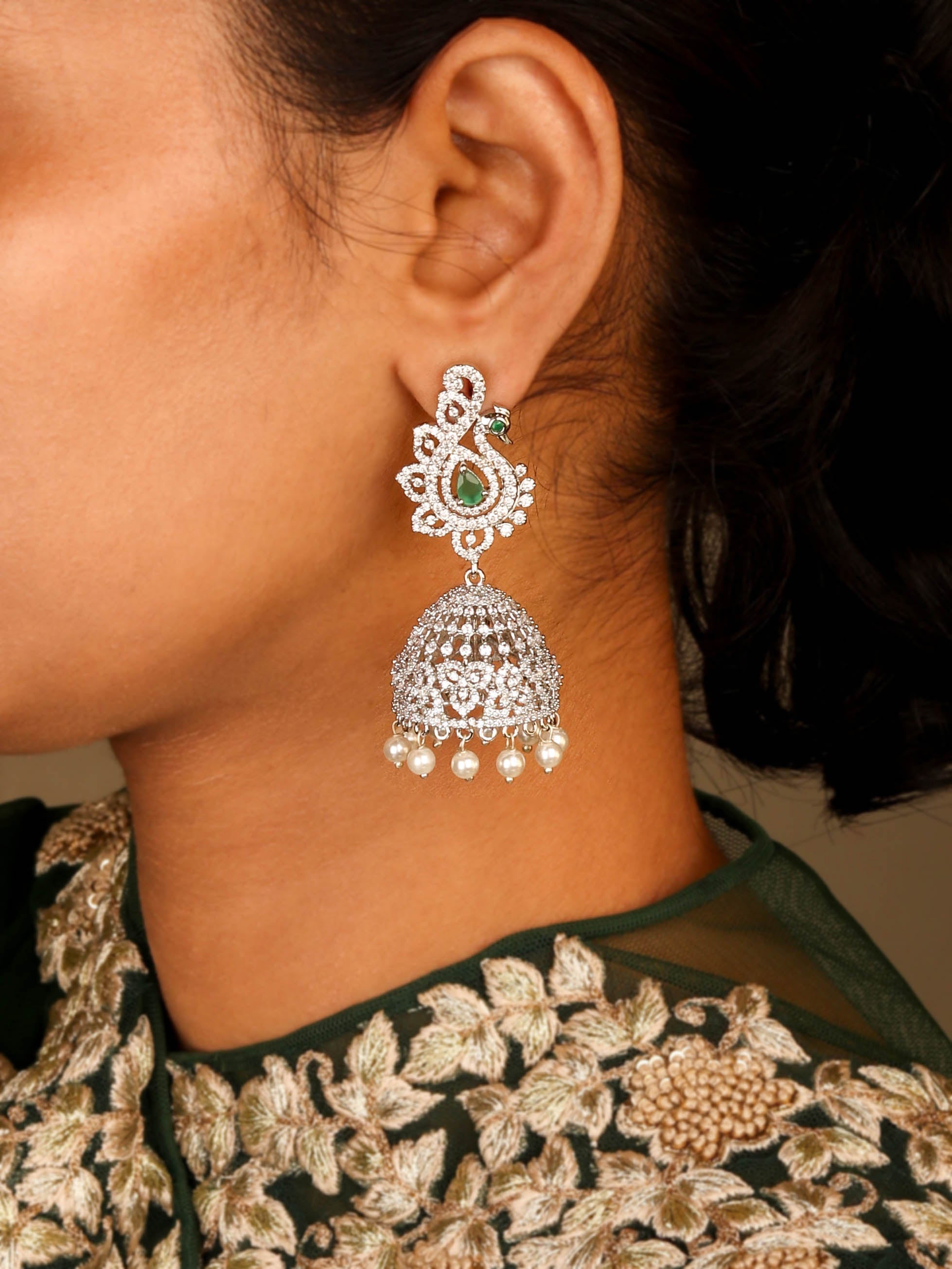 Stunning Silver Plated Peacock Inspired Jhumka With Emerald CZ Stone With Pearls for Women