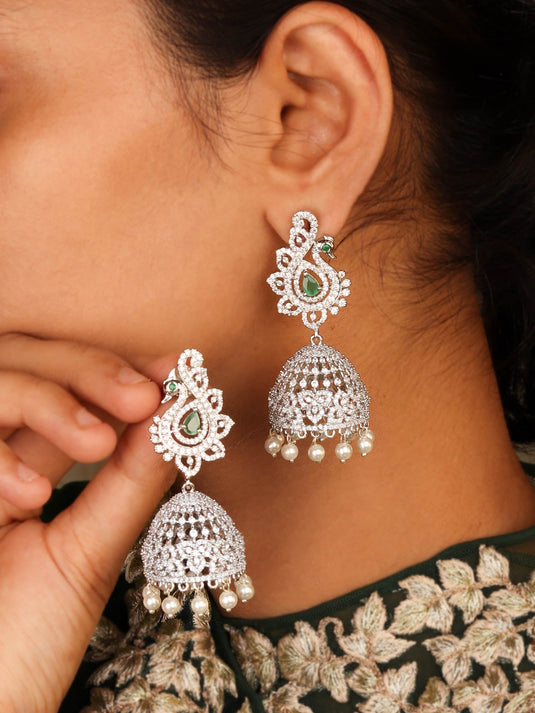 Stunning Silver Plated Peacock Inspired Jhumka With Emerald CZ Stone With Pearls for Women