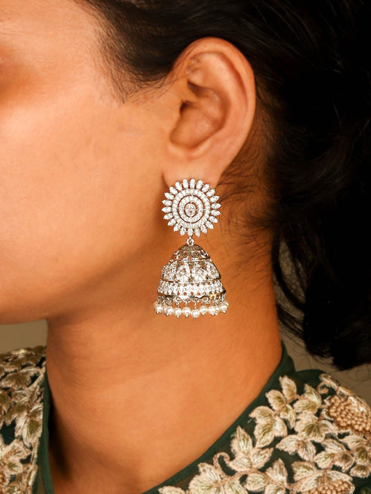 Dazzling Rhodium Plated Jhumka With Classic White CZ Stones for Women