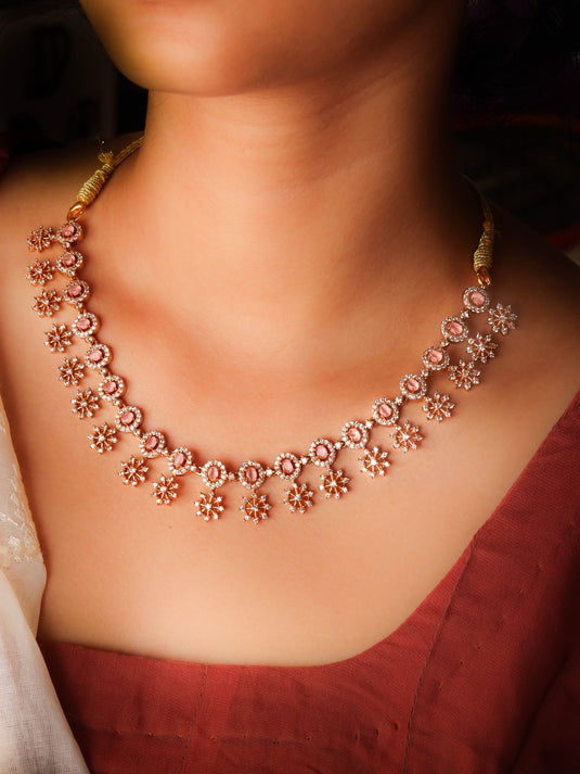 Elegant South Indian Necklace Set With Peach Color Stones And Pair Of Earrings