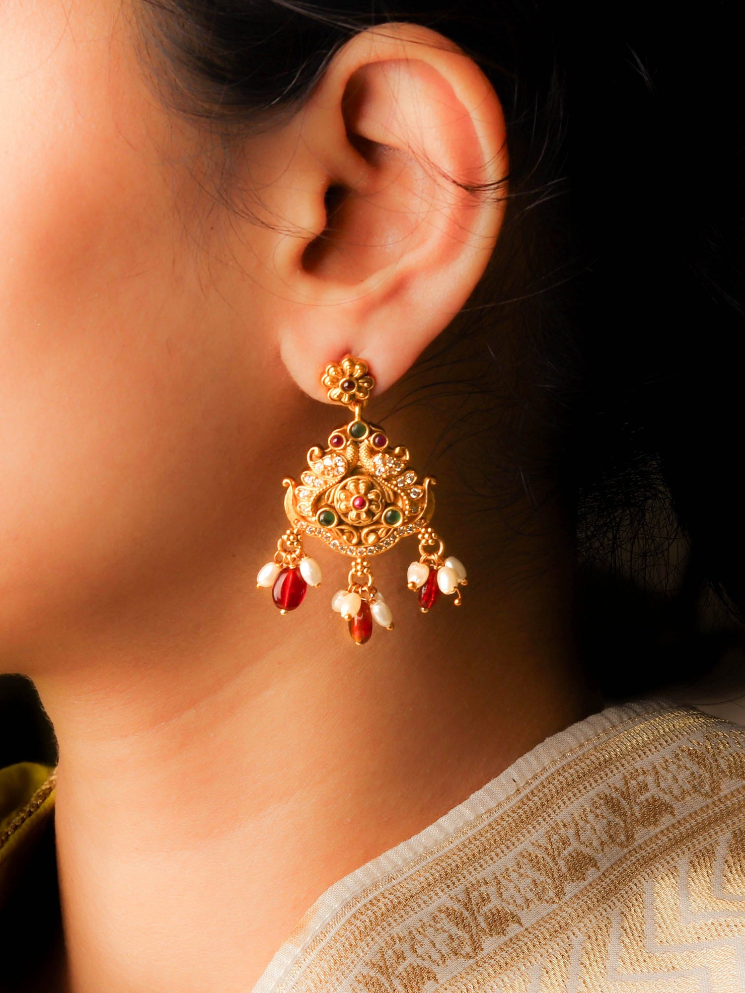 South Indian Artisanal Multi Stone Earring With Ruby Red Beads and Pearls Drop