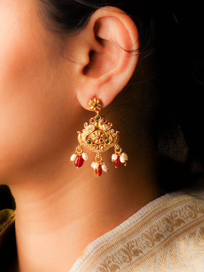 South Indian Artisanal Multi Stone Earring With Ruby Red Beads and Pearls Drop