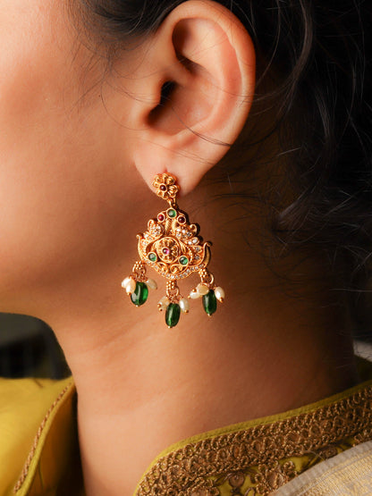 South Indian Handcrafted Multi Stone Earring With Emerald Beads and Pearls Drop