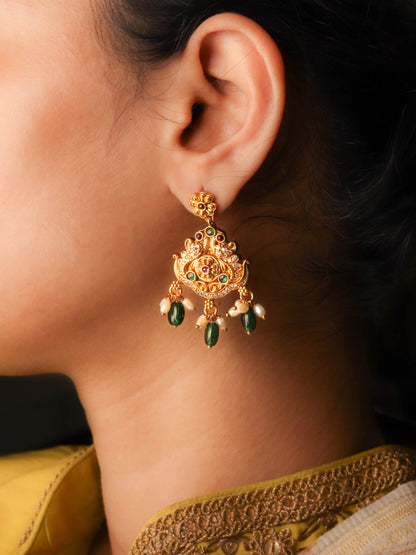 South Indian Handcrafted Multi Stone Earring With Emerald Beads and Pearls Drop